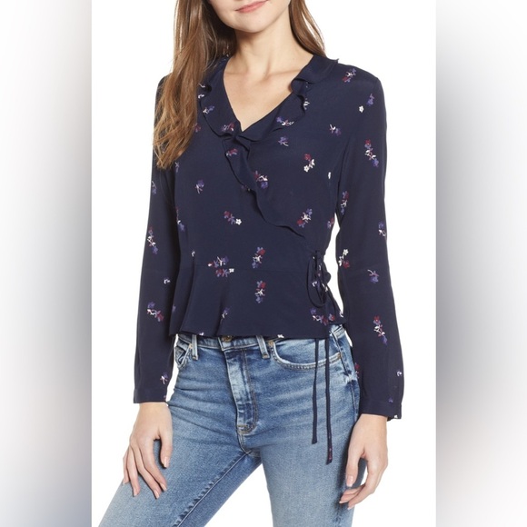 Rails Tops - Rails Simone Chiffon Wrap Blouse in Navy Kyoto Floral (Size L)